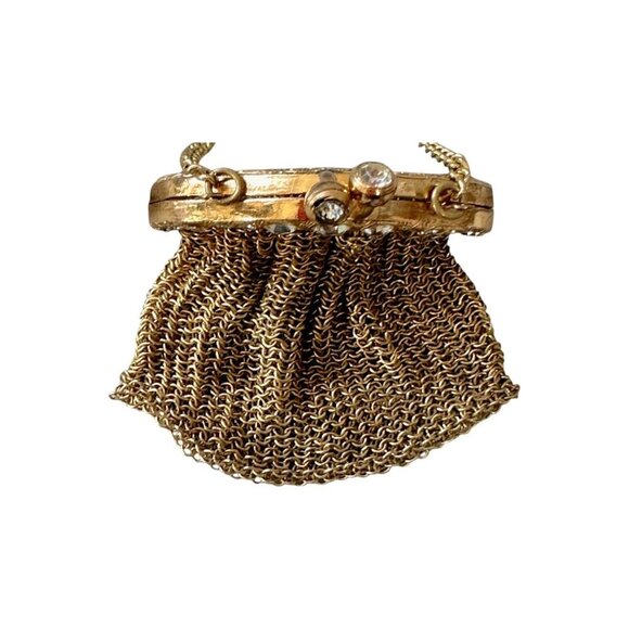 Antique Mesh Coin Purse with Rhinestone Frame – Gilt Brass Miniature Bag - Picture 5 of 8